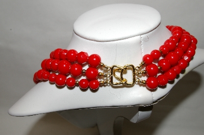 +MBA #88-370  "Vintage Red & Gold Acrylic Bead 3 Strand Necklace"
