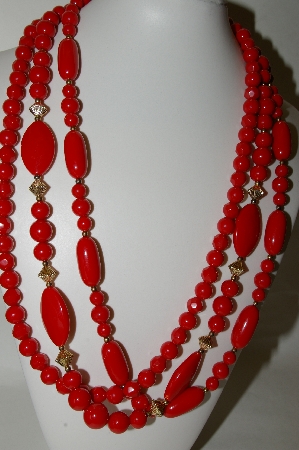 +MBA #88-370  "Vintage Red & Gold Acrylic Bead 3 Strand Necklace"