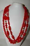 +MBA #88-370  "Vintage Red & Gold Acrylic Bead 3 Strand Necklace"