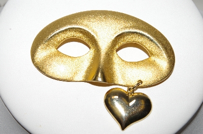 +MBA #88-608  "Older Satin Finish Gold Plated Mask Pin With Heart Charm"
