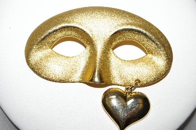 +MBA #88-608  "Older Satin Finish Gold Plated Mask Pin With Heart Charm"