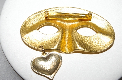 +MBA #88-608  "Older Satin Finish Gold Plated Mask Pin With Heart Charm"
