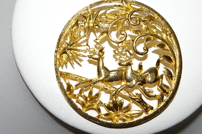 *MBA #88-222 "Large Round Gold Plated Fancy Deer Brooch"