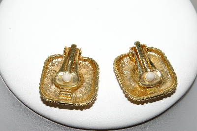 +MBA #88-132  "Goldtone Red Enamel & Crystal Rhinestone Clip On Earrings"