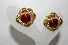 +MBA #88-132  "Goldtone Red Enamel & Crystal Rhinestone Clip On Earrings"