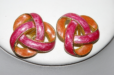 +MBA #88-404 "Gold Tone Pink & Peach Enameled Clip On Earrings"