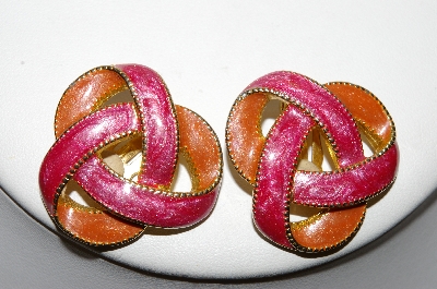 +MBA #88-404 "Gold Tone Pink & Peach Enameled Clip On Earrings"