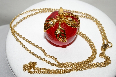 +MBA #88-092  "Vintage Avon Red Lucite Apple Pendant With 32" Chain"