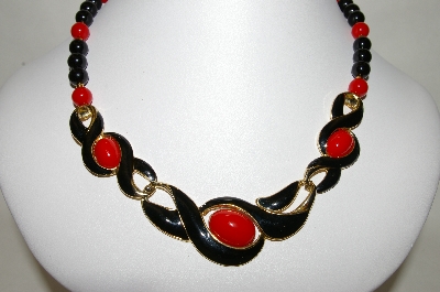 +MBA #88-147  "Gold Tone Black & Red Enamel & Bead Necklace"