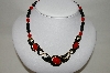 +MBA #88-147  "Gold Tone Black & Red Enamel & Bead Necklace"