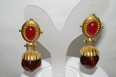 +MBA #88-126  "Gold Tone Red & Brown Acrylic Stone Clip On Earrings"