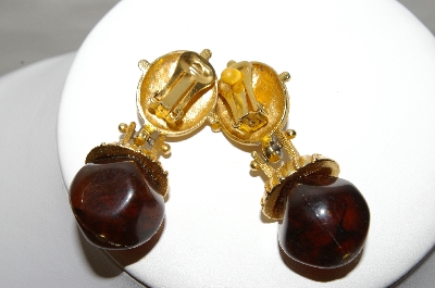 +MBA #88-126  "Gold Tone Red & Brown Acrylic Stone Clip On Earrings"