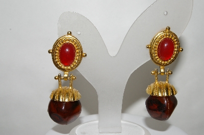 +MBA #88-126  "Gold Tone Red & Brown Acrylic Stone Clip On Earrings"