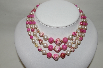 +MBA #88-085  "Japan Fancy Pink & White Acrylic Bead 3 Strand Necklace"