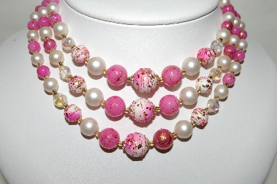 +MBA #88-085  "Japan Fancy Pink & White Acrylic Bead 3 Strand Necklace"
