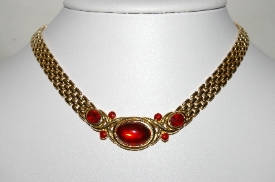 +MBA #88-357  "Trifari Gold Tone Red Cabachon, Red Rhinestone & Red Enamel Necklace"