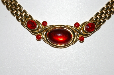 +MBA #88-357  "Trifari Gold Tone Red Cabachon, Red Rhinestone & Red Enamel Necklace"