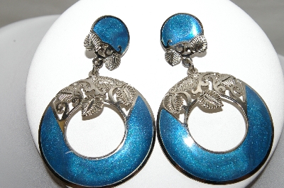 +MBA #88-073  "Berebi Silvertone Fancy Blue Enameled Clip On Earrings"