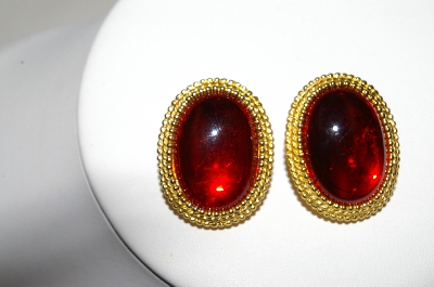 +MBA #88-172  "GJD Gold Plated Red Glass Stone Clip On Earrings"