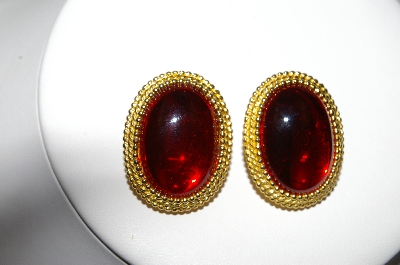 +MBA #88-172  "GJD Gold Plated Red Glass Stone Clip On Earrings"