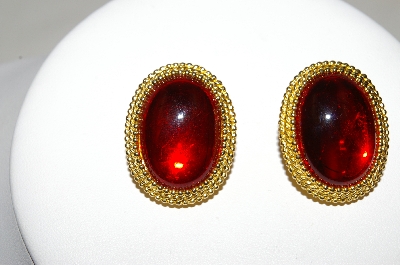 +MBA #88-172  "GJD Gold Plated Red Glass Stone Clip On Earrings"