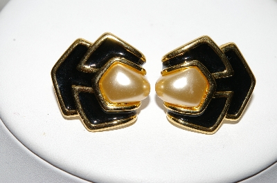 +MBA #88-174  "Napier Goldtone Black Enamel & White Glass Pearl Clip On Earrings"