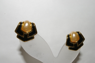 +MBA #88-174  "Napier Goldtone Black Enamel & White Glass Pearl Clip On Earrings"