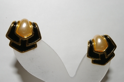 +MBA #88-174  "Napier Goldtone Black Enamel & White Glass Pearl Clip On Earrings"