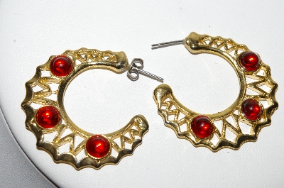 +MBA #88-455  "Gold Plated Red Glass Cabachon 3/4 Pierced Hoop Earrings"