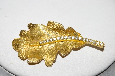 +MBA #88-407  "Fancy Gold Tone Leaf Pin With Clear Crystal Rhinestones"
