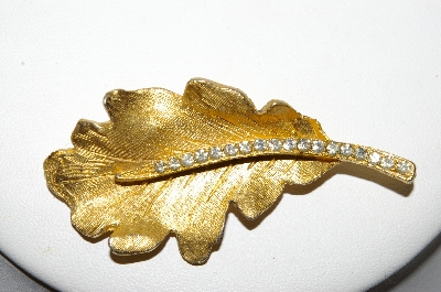 +MBA #88-407  "Fancy Gold Tone Leaf Pin With Clear Crystal Rhinestones"