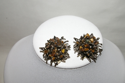 +MBA #89-063  "Fancy Silver Tone Tiger Eye Clip On Earrings"