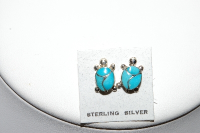 + MBA #87-114  "Sterling Silver Blue Turquoise Inlay Turtle Earrings"