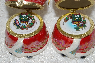 +MBA #SG9-087   "Mr. Christmas Set Of 2 Animated Santa Porcelain Music Box Ornaments"