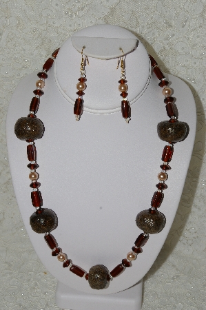 +MBAHB #33-199  "Fancy Coffee Bead & Brown Glass Bead Necklace & Matching Earring Set"