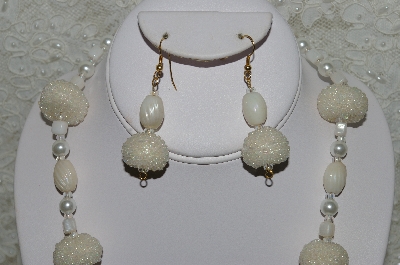 +MBAHB  #33-208  "Fancy Hand Made Clear AB Seed Bead Cluster Beads, White Luster Glass & White Glass Pearl Necklace & Matching Earring Set"