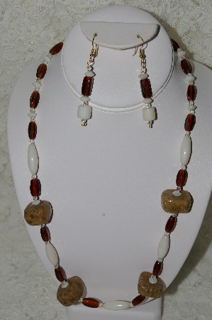 +MBAHB #33-186  "Fancy Coffee Bead, Brown Glass & White Luster Glass Bead Necklace & Matching Earring Set"