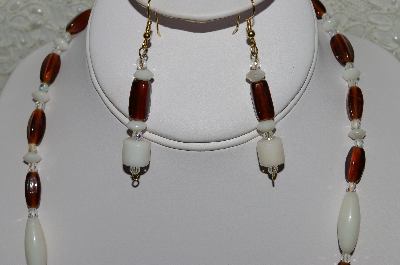 +MBAHB #33-186  "Fancy Coffee Bead, Brown Glass & White Luster Glass Bead Necklace & Matching Earring Set"