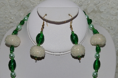 +MBAHB #33-163  "Fancy Seed Bead Cluster Beads, Green Glass Bead & Green Glass Pearl Necklace & Matching Earring Set"