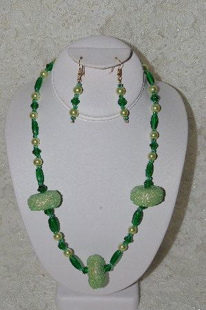 +MBAHB #33-176 "Fancy Green Seed Bead Cluster Beads, Light Green Glass Pearls & Green Glass Bead Necklace & Matching Earring Set"