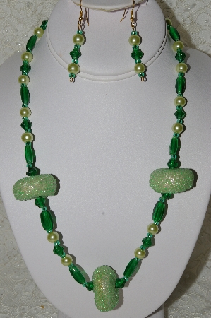 +MBAHB #33-176 "Fancy Green Seed Bead Cluster Beads, Light Green Glass Pearls & Green Glass Bead Necklace & Matching Earring Set"