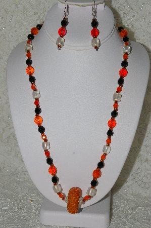 +MBAHB #33-104  "Fancy Orange Seed Bead Cluster, Czech Faceted Orange Glass Beads, Black Faceted Crystal Beads & Clear Luster Glass Beaded Necklace & Matching Earring Set"