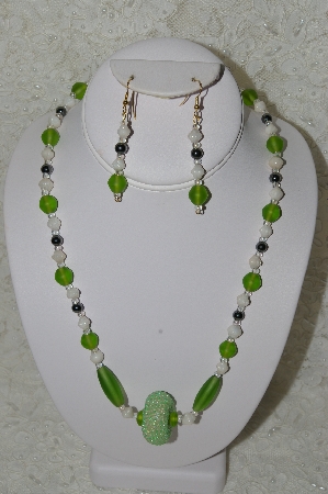 +MBAHB #33-120  "Fancy Hand Made Green Cluster Bead, Lime Green Frosted Glass Beads, White Luster Glass Beads & Hemalyke Bead Necklace & Matching Earring Set"