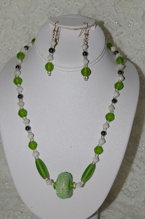 +MBAHB #33-120  "Fancy Hand Made Green Cluster Bead, Lime Green Frosted Glass Beads, White Luster Glass Beads & Hemalyke Bead Necklace & Matching Earring Set"