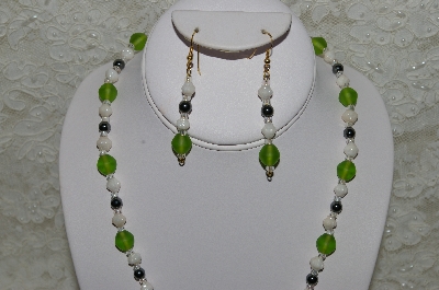 +MBAHB #33-120  "Fancy Hand Made Green Cluster Bead, Lime Green Frosted Glass Beads, White Luster Glass Beads & Hemalyke Bead Necklace & Matching Earring Set"