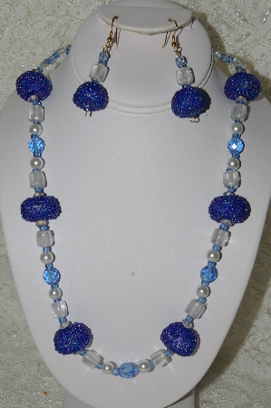 +MBAHB #33-142  "Fancy Hand Made Blue Seed Bead Cluster Beads, Clear Glass Bead, White Glass Pearl & Fancy Faceted Blue Crystal Bead Necklace & Matching Earring Set"