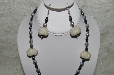 +MBAHB #33-033  "Fancy Hand made Clear AB Seed Bead Cluster Beads, Grey Glass Perals & Hemalyke Bead Necklace & Matching Earring Set"