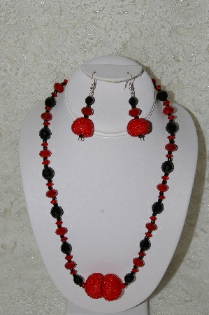 +MBAHB #33-056  "Fancy Red Hand Made Red Seed Bead Cluster Beads, Black Faceted Crystal Beads & Fancy Faceted Red Crystal Bead Necklace & Matching Earring Set"