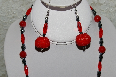 +MBAHB #33-030  "Fancy Hand Made Red Seed Bead Cluster Beads, Hemalyke & Red Jade Bead Necklace & Matching Earring Set"