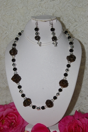 +MBAHB #33-064 "Fancy Hand made Victorian Rose Petal Beads, Sterling Silver Beads, Clear Glass Beads & Black Glass Bead Necklace & Matching Earring Set"